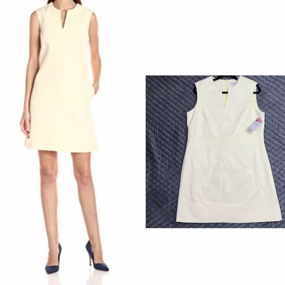 Helene Berman London Designer Dress Shift V Neck Chevron Yellow White New